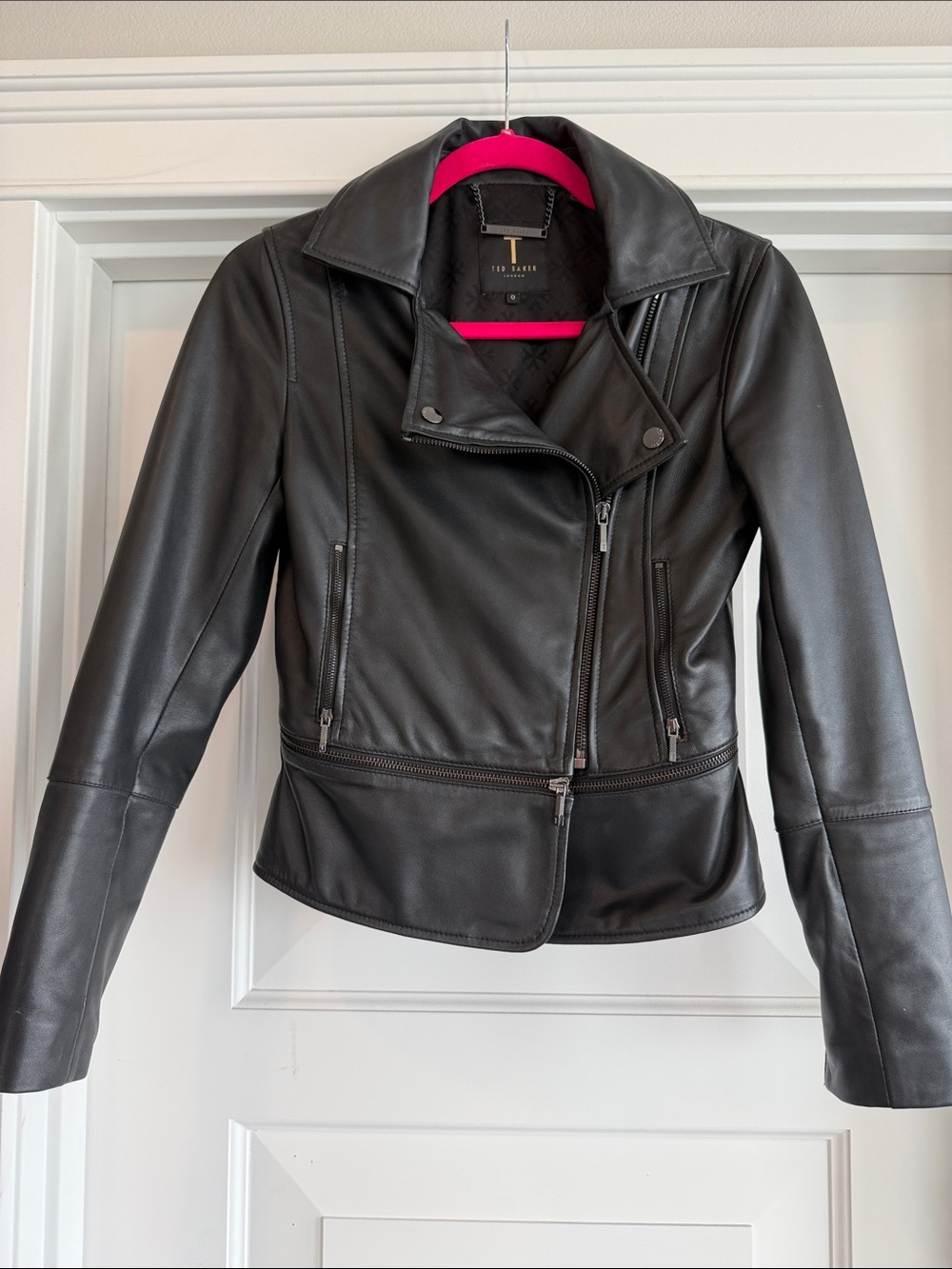 Ted Baker Black Leather Peplum Zip Jacket with detachable peplum waist